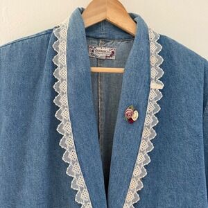 Vintage 90s Cherokee Denim Jean Chore Jacket Women Large Lace Prairie Western